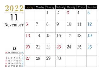 2022年　シンプルカレンダーモノトーン　11月