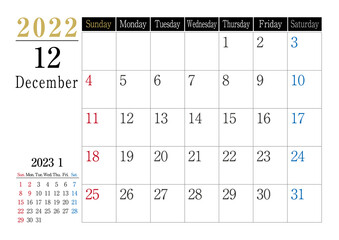 2022年　シンプルカレンダーモノトーン　12月