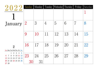 2022年　シンプルカレンダーモノトーン　1月