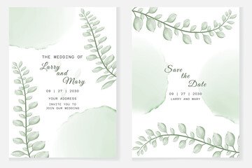 Wedding invitation card with beautiful leaves and splash watercolor
