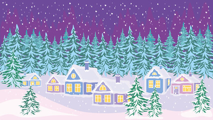 Winter village landscape with forest and falling snow, Christmas greeting card, space for text, flat vector illustration.
