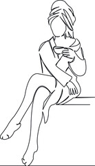 the girl drinks coffee after a shower