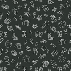 Hockey seamless pattern. Hand-drawn elements of sports equipment. Vector illustration on a dark gray background. Use for printing on fabric, packaging, banners, wallpapers, etc. Eps 10.
