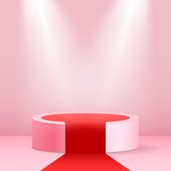 Pink round podium. Pedestal in pastel room with red carpet and glowing spotlights.Vector illustration.