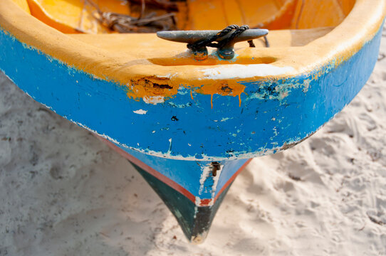 Close-up Of A Mooring Bollard Of An Old Fishing Boat On The Beach In Mexico