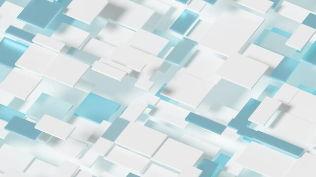 Elegant Dynamic Squares Loop 1 Blue x White: abstract grid of simple square and rectangle shapes moving gently up and down. Cool metallic blue and white thin cube shapes dynamically moving. 

