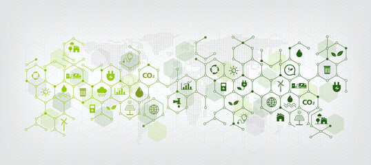 Templates and geometric green business background for sustainability concept. Links related to environmental protection with flat icon - obrazy, fototapety, plakaty