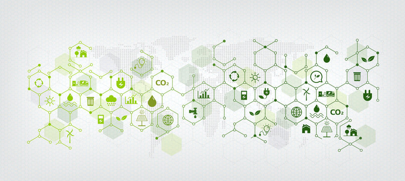 Templates and geometric green business background for sustainability concept. Links related to environmental protection with flat icon