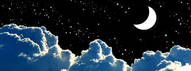 Bright shining full moon above big friendly clouds and a sky full of stars. Quiet-looking atmosphere of a good night.