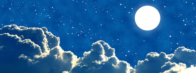 Bright shining full moon above big friendly clouds and a sky full of stars. Quiet-looking atmosphere of a good night.
