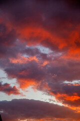 Sunset in the sky with clouds and over the roofs.
