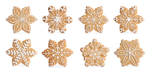 Set with tasty decorated Christmas cookies on white background. Banner design