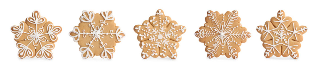 Set with tasty decorated Christmas cookies on white background. Banner design