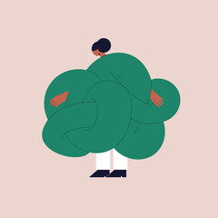 Depressed black skin female character with her hands tied in a knot. The concept of self-isolation, depression, loneliness, anxiety and mental disorders. The problem of choice.