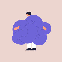 A girl with her hands tied in a knot. The concept of self-isolation, depression, loneliness, anxiety and mental disorders. The problem of choice. Vector illustration in a flat style.