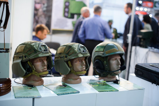modern military tactical Kevlar helmet at the exhibition, the production of Ukraine