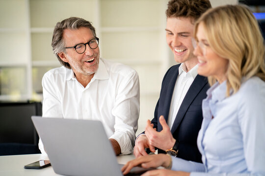 Happy male and female professionals working discussing in office