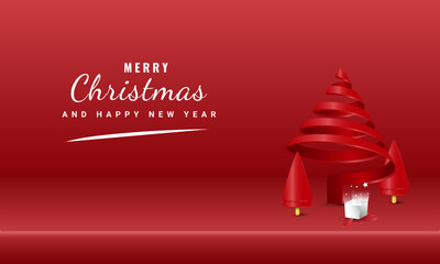 merry christmas and happy new year banner with red spiral tree and gift box