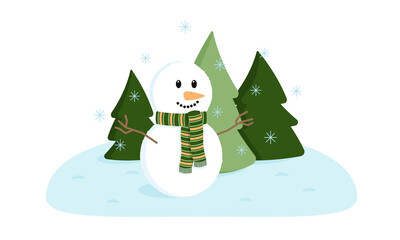 Cute snowman on the background of Christmas trees and snowflakes.