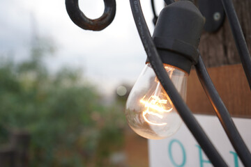 Selective of an old burning lightbulb in the garden