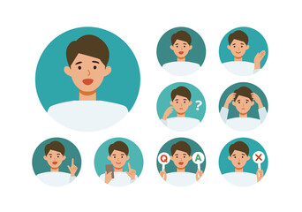 Man cartoon character head collection set. People face profiles avatars and icons. Close up image of smiling man.