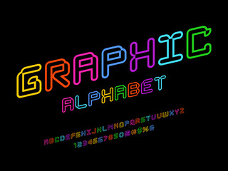Colorful stylized alphabet design with uppercase, numbers and symbols