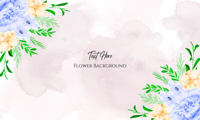 Beautiful blooming flower and leaves frame with watercolor background