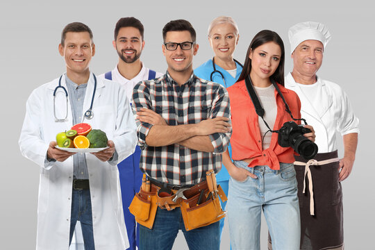 Choosing profession. People of different occupations on light grey background