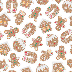 Christmas and New Year seamless pattern with traditional gingerbread cookies - gingerbread man, horseshoe, house. Print for holiday wrapping paper, fabric, web design. Vector flat design illustration