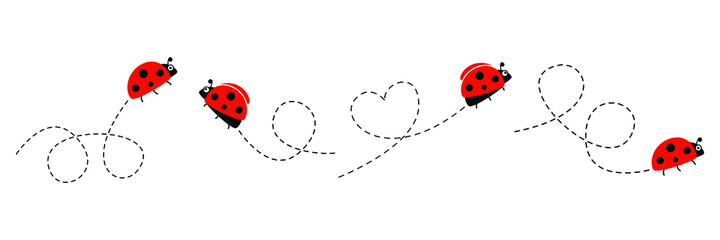 Ladybug flat icon set. Ladybugs flying on dotted route. Cartoon ladybirds with open wings. © Віталій Баріда