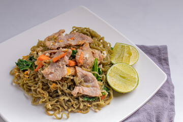 Moroheiya mixed vegetable noodles stir fried with pork and egg