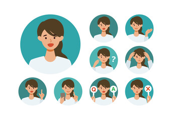 Woman cartoon character head collection set. People face profiles avatars and icons. Close up image of smiling Woman.
