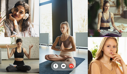 Yoga class online. Young multiethnic women watching online sport trainings, lessons using video...