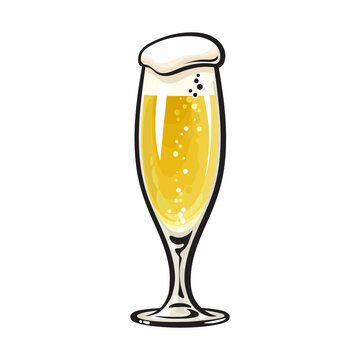 Flute style glass of beer, wine or champagne. Hand drawn vector illustration isolated on white.