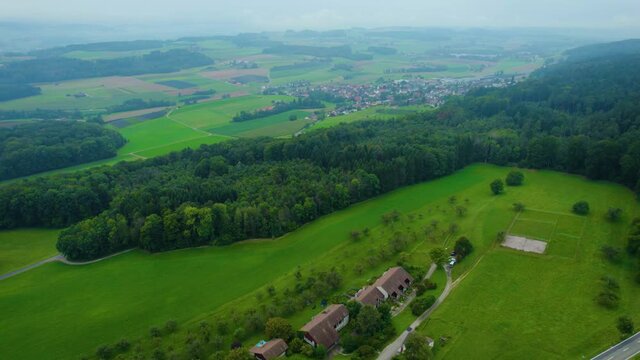 Aerial view around the old town of the city Frauenfeld in Switzerland on a overcast day in summer.