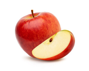 fresh red apples and slices isolated on white background, cut out.