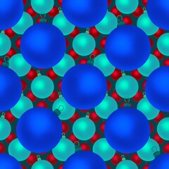 Seamless pattern. Christmas blue, cyan, red balls. Festive endless background.