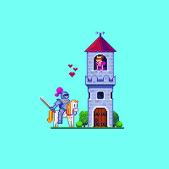 Knight and princess in the tower. Pixel art love story. Vector illustration fairytale