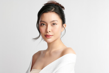 Beautiful young asian woman with clean fresh skin on white background, Face care, Facial treatment,...