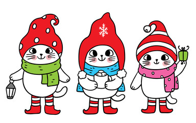 Cartoon cute Christmas and New year cat in hat vector.