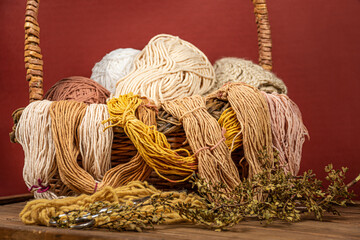 Cesta con madejas de lanas de colores variados.