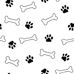 Fototapeta na wymiar Seamless repeat pattern with black and white bones and paw prints Versatile use for gender neutral pet, dog, vet projects