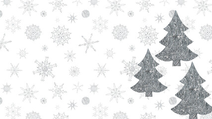 Fototapeta na wymiar Three silver sisal Christmas trees on a white background with snowflakes. New Year or Christmas banner. Place for your text. design element
