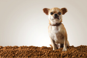 Chihuahua on pile of dry dog food looking gray background