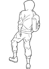 A dangerous anime girl in a yellow suit has her back turned she is wearing a hood and a backpack sticker linart vector graphics