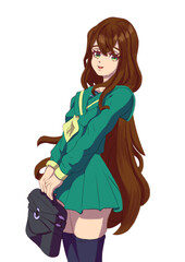 Beautiful anime schoolgirl girl in a green uniform with a briefcase long chestnut hair in stockings and a short skirt sticker