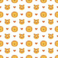 Obraz premium Seamless pattern with cute lions and tigers and hearts isolated on white background