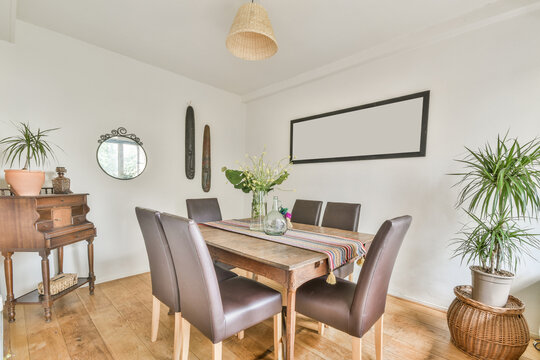 Dining room in house in rustic style