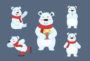 Set of Cute Polar winter bear character design. Happy and Funny cartoon for Christmas vector illustration