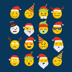 Set of cutest emoji icon expression face for merry christmas. Modern face emoticon for reaction. Flat style vector illustration